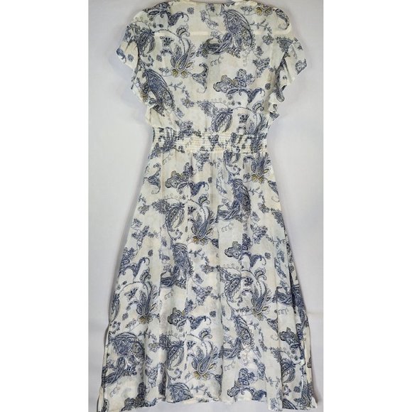 Paper Crane Dress Womens Small Blue White Open Front Midi Ruffled Cap Sleeve - Picture 2 of 16